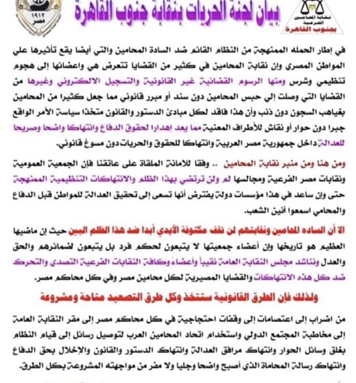  كل طرق التصعيد متاحة.. لجنة الحريات تعلن رفض الحملة الممنهجة ضد المحامين
